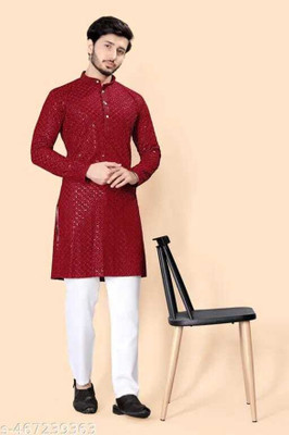 BDIVINE Men Self Design A-line Kurta(Maroon)