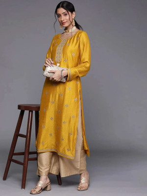 NARACHI TEXWORLD Women Embroidered Straight Kurta(Yellow)