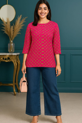 GROVEBERRY Women Printed Straight Kurta(Pink, Yellow)