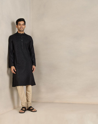 Fabindia Men Embroidered Straight Kurta(Black)