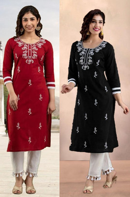 vikshi Women Chikan Embroidery Straight Kurta(Multicolor)