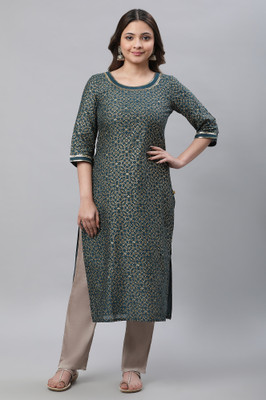 Aurelia Women Geometric Print Straight Kurta(Green)