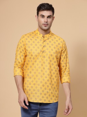 Svatantra Men Printed Straight Kurta(Yellow)