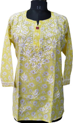 Lucknow Chikan Art Women Chikan Embroidery A-line Kurta(Yellow)
