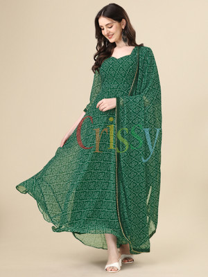 Crissy Women Bandhani Anarkali Kurta(Green)