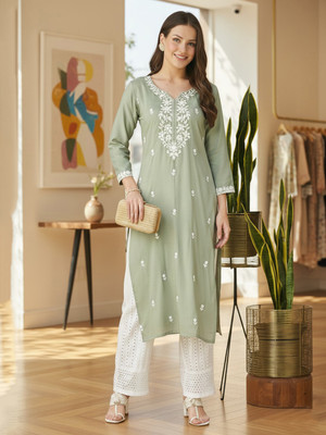 FORKEY Women Embroidered Straight Kurta(Light Green)