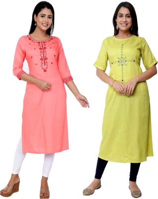 Kundan Women Embroidered Straight Kurta(Green, Pink)