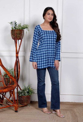 KRISHNAKURTES Women Printed, Geometric Print Tunic Kurta(Blue)