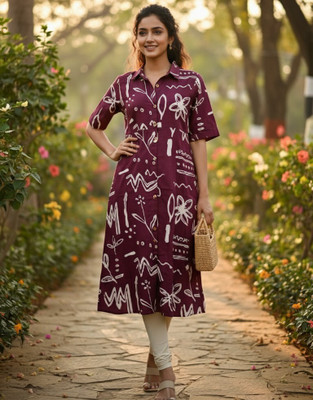 Chaukas Women Floral Print A-line Kurta(Maroon)
