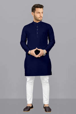 FREYA CREATION Men Solid Straight Kurta(Dark Blue)