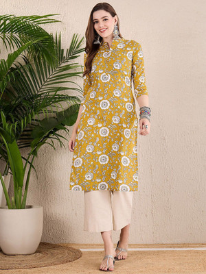 ANOUK Women Floral Print Straight Kurta(Yellow)