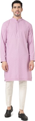 Kaashi Couture Men Chikan Embroidery Straight Kurta(Pink)