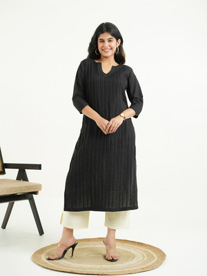 Goodhand Women Solid Straight Kurta(Black)