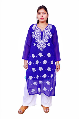 Ah creation Women Chikan Embroidery Ethnic Dress Kurta(Dark Blue)