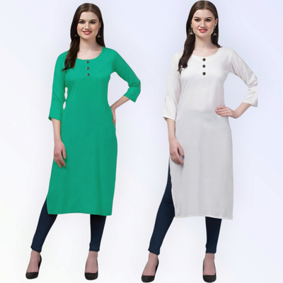 Coft Women Solid Straight Kurta(Green, White)