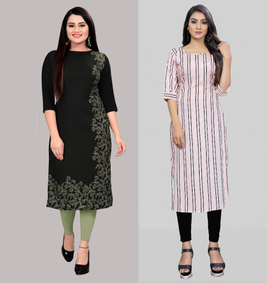maruti fab Women Striped, Floral Print Straight Kurta(Black, Pink)