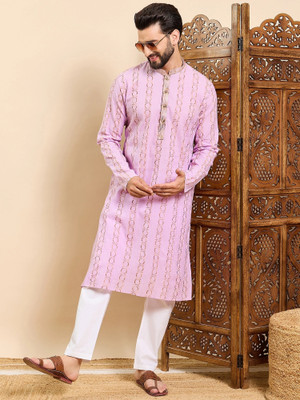 House of Pataudi Men Embroidered Straight Kurta(Purple)