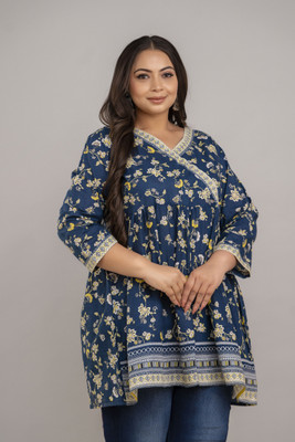 F P Collections Women Floral Print Straight Kurta(Blue)