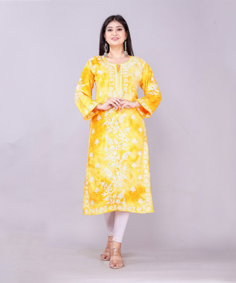 UB WOLF Women Embroidered Straight Kurta(Yellow, White)