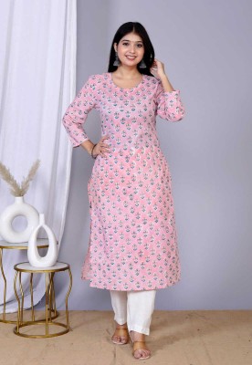 NIVISAA Women Printed Straight Kurta(Pink)