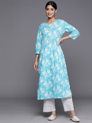 Varanga Women Printed Straight Kurta(Blue, White)