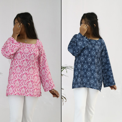 aanzri Women Printed, Geometric Print Tunic Kurta(Blue)