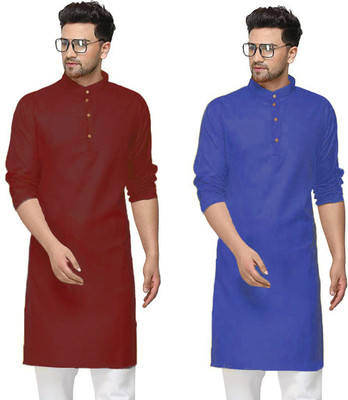 OORA Men Solid Straight Kurta(Dark Blue, Maroon)