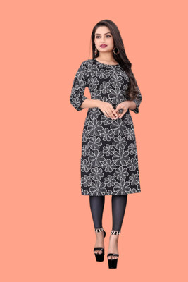 Tulsii Fab Women Animal Print Straight Kurta(Black)