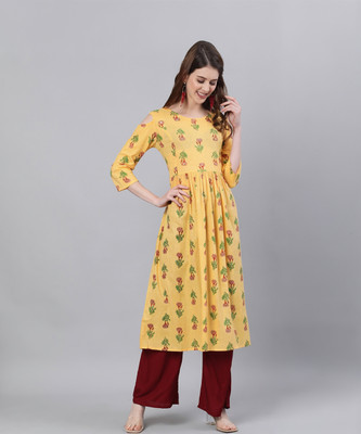 Antaran Women Printed Flared Kurta(Yellow)