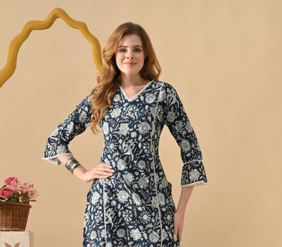 KJFAB Women Printed Straight Kurta(Blue)