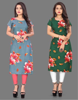 Modli 20 Fashion Women Floral Print Straight Kurta(Grey, Green)