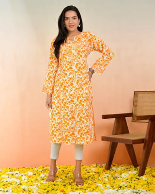 Maaz Chikan Arts Women Floral Print Straight Kurta(Yellow)