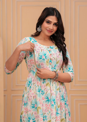 PIROKI Women Printed Anarkali Kurta(Dark Blue)