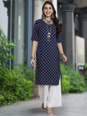 Moda Rapido Women Checkered Straight Kurta(Blue)