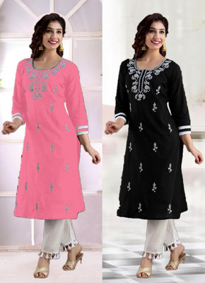 vikshi Women Chikan Embroidery A-line Kurta(Multicolor)