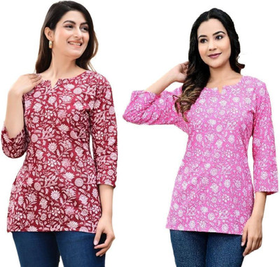 GURUFASHIONS Women Printed Straight Kurta(Red, Pink)