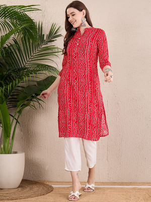 ANOUK Women Striped Straight Kurta(Red)