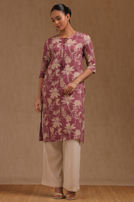soch Women Floral Print Straight Kurta(Purple, Beige)