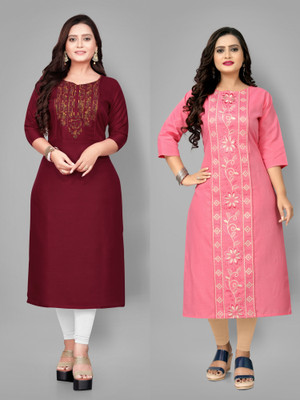 Fabriza Women Embroidered A-line Kurta(Maroon, Pink)
