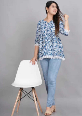 shri siddhi vinayak Women Self Design Tunic Kurta(Blue)