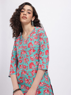 Anouk Rustic Women Printed Straight Kurta(Blue)