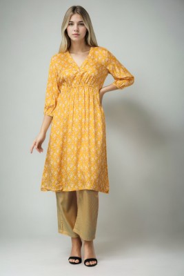 Louis Bayrad Women Printed A-line Kurta(Yellow)