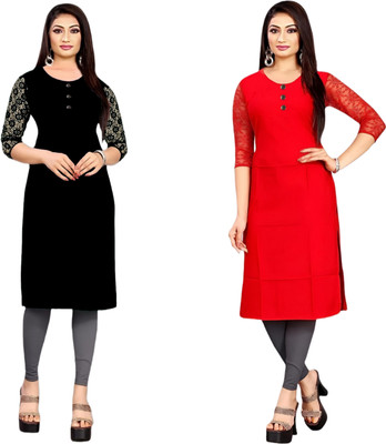 HOFC Women Solid Straight Kurta(Black, Red)
