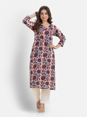 Crazy Needle Women Geometric Print Straight Kurta(Blue)