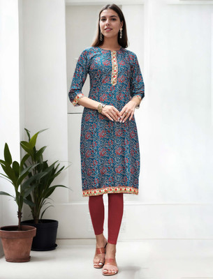 ANOUK Women Printed Straight Kurta(Blue)