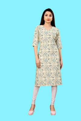 Tulsii Fab Women Animal Print Straight Kurta(Yellow, Blue)