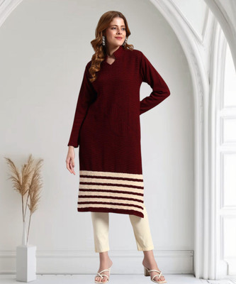ZEPPI Women Striped Straight Kurta(Maroon)