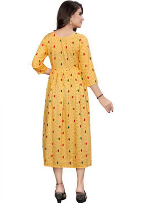 zoxfay Women Printed Anarkali Kurta(Yellow, Green, Red)