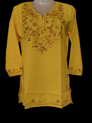 Anshi zari arts Women Embroidered Straight Kurta(Yellow)