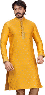 Mensfield Men Printed Straight Kurta(Yellow)